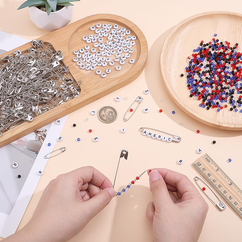 PH PandaHall 994pcs DIY Beaded Safety Pin Kit, 5 Colors Independence Day Patriotic Glass Beads 4mm Faceted Crystal Beads Letter Beads with 290pcs Safety Pin Brooches for Pants Jackets Hats DIY Crafts