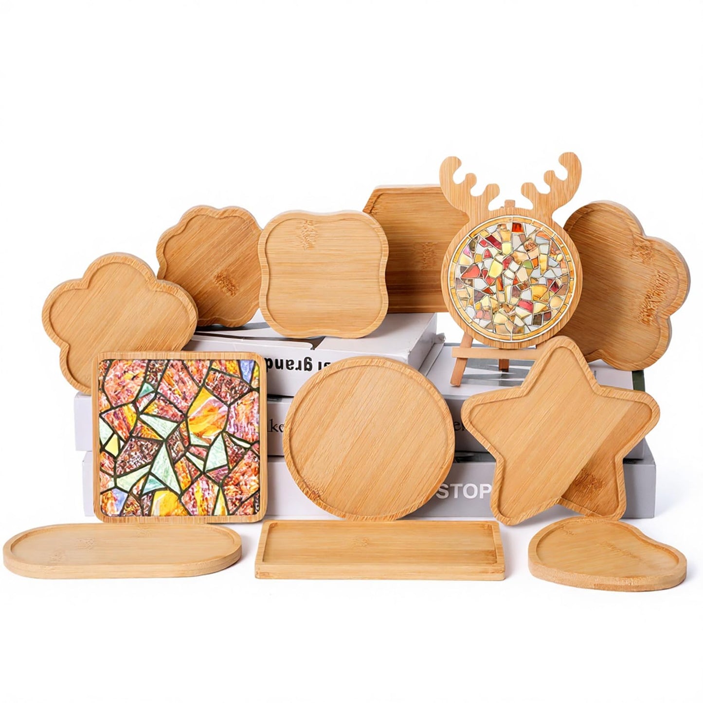 mekueeex 12pcs Mosaic Tiles for Crafts Wooden Coaster Bases Set, Mosaic Kits for Adults DIY Home Decor, Mosaic Kit with Bamboo Shapes for Glass Tile Art Projects, Round Square Hexagon Heart Star Deer