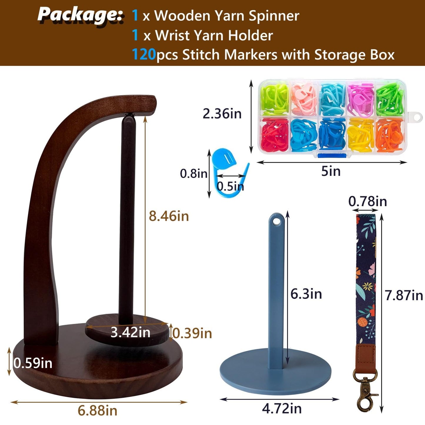 DBYANAN Yarn Holder for Knitting and Portable Wrist Yarn Holder Wooden Yarn Spinner for Crocheting Magnetic Yarn Ball Holder with 120pcs Stitch Markers Gift for Crochet Lovers