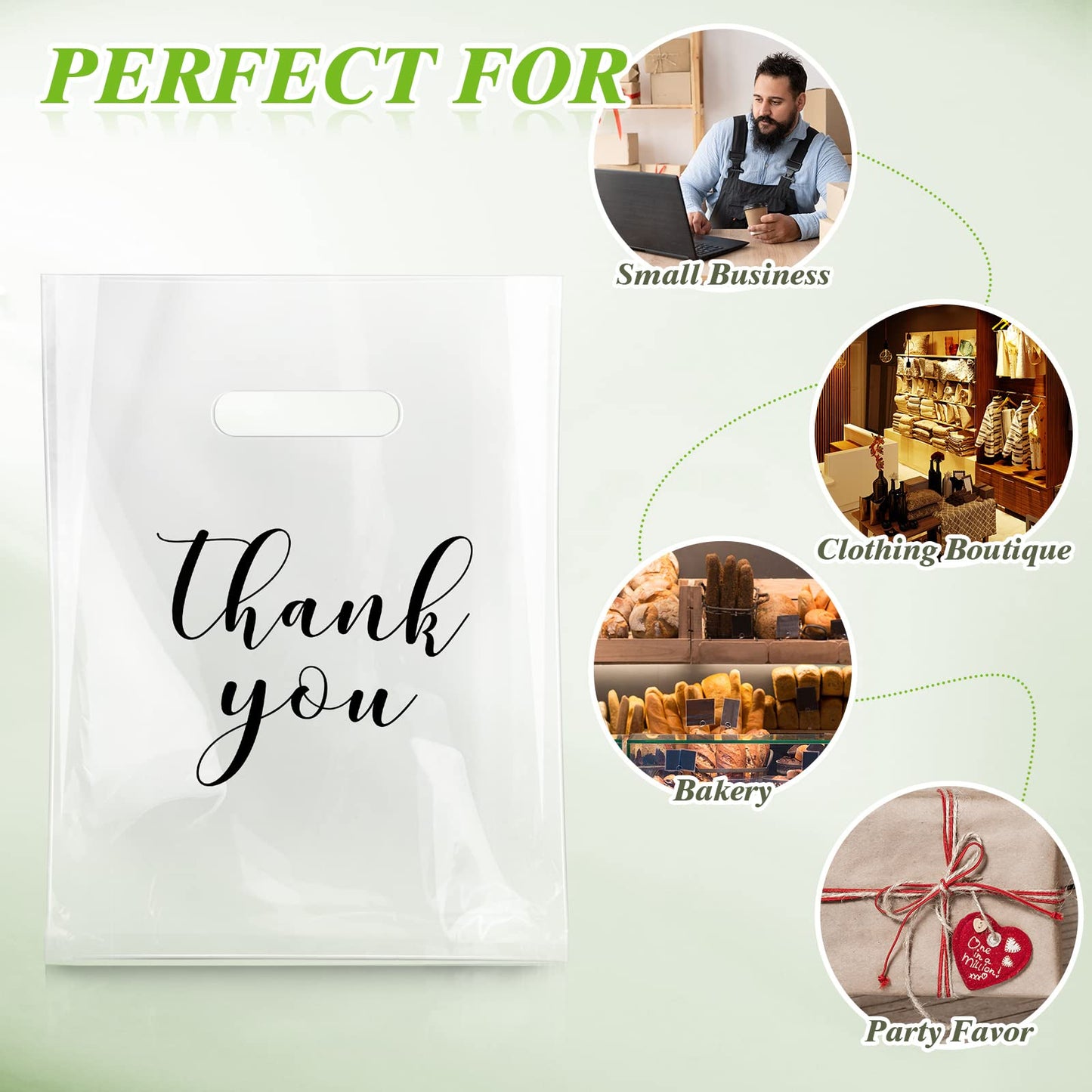 Crtiin 100 Pcs Clear Merchandise Bags Thank You Shopping Bags with Die Cut Handles T Shirt Plastic Packaging for Small Business Retail Boutique Stores Gifts (9 x 12 Inch)