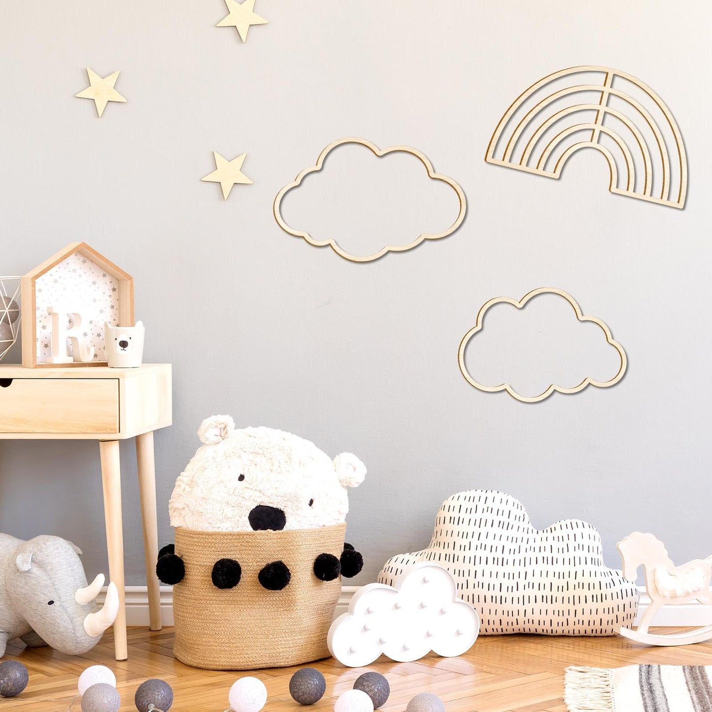 4 Pieces Boho Nursery Cloud Star Wall Decor Wooden Babyroom Moon Rattan Wall Decor Wooden Rainbow for Children Baby Kids Boys Girls Bedroom Nursery Pendant(Cloud Rainbow Sun)