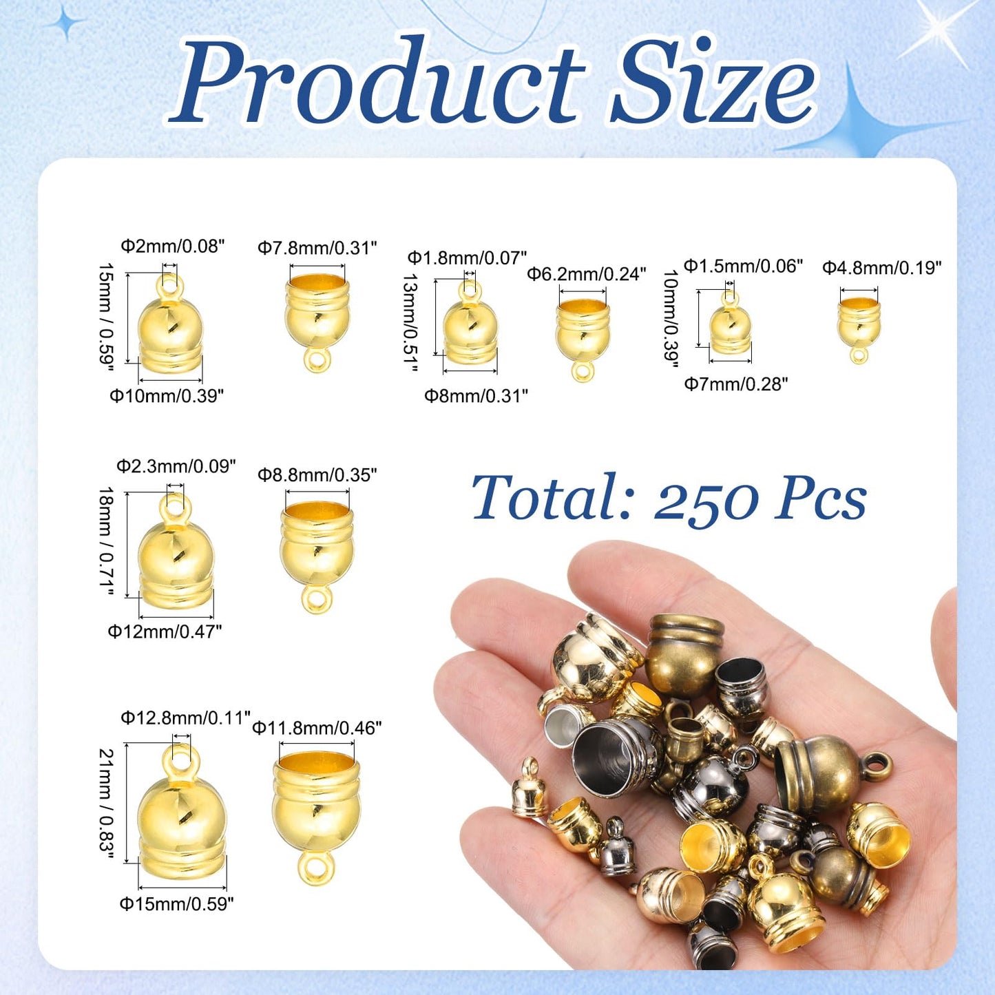 MECCANIXITY 250Pcs Tassel Leather Cords Buckle End Tip Cap, Leather & Metal Cord Ends Suede Fiber Crimps Beads Caps for Jewelry Making DIY Pendant, Gold (7x10/8x13/10x15/12x18/15x21mm)