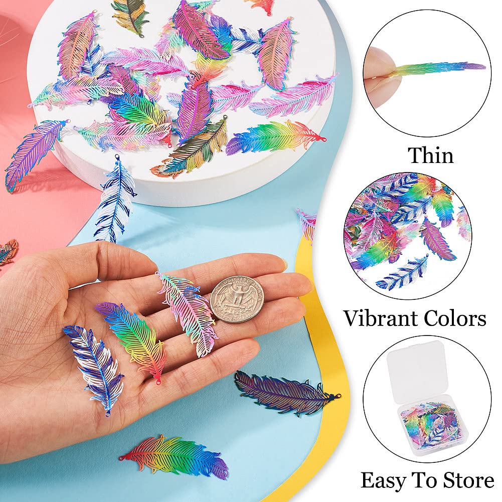 FASHEWELRY 48Pcs Stainless Steel Rainbow Feather Charms Metal Wings Earring Connector Charms Filigree Metal Embellishments for Jewelry Making DIY Bracelet Necklace