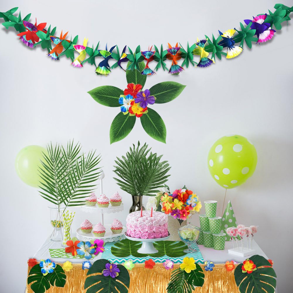 WEISPARK 105Pack Artificial Palm Leaves Hibiscus Flowers Tropical Party Decorations Supplies - 7 Kinds Fake Monstera Leaf for Safari Jungle Hawaiian Birthday Luau Party Theme Table Decor