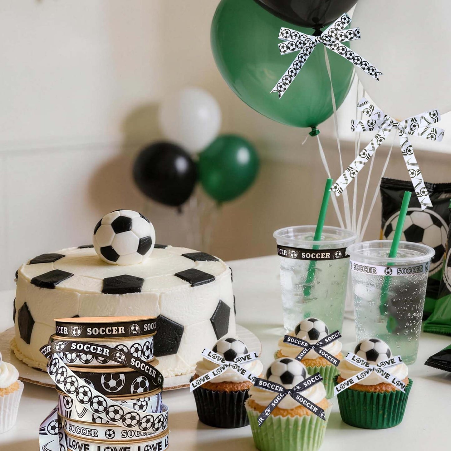 LaRibbons Soccer Ribbon Set 6 Rolls 30 Yards Total, White Black Sports Themed Craft Ribbons for Soccer Party Decorations, Hair Bows, Gift Wrapping, DIY Sewing Supplies