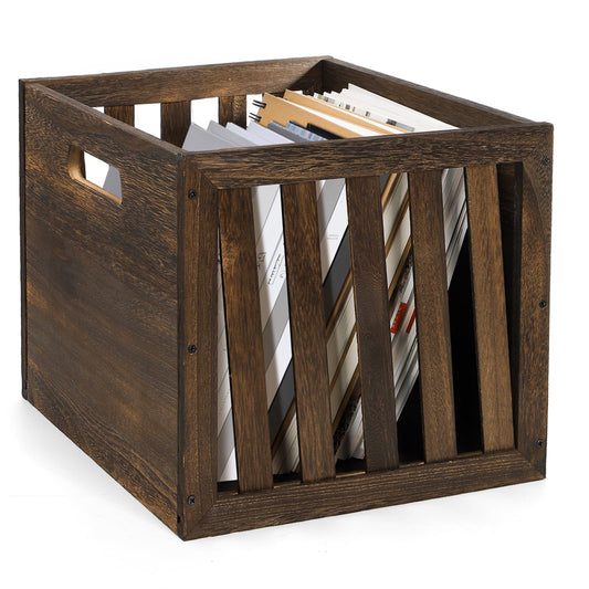 yarlung Wood Storage Bin Cube Wood Crate with Handles, Rustic Brown Decorative Box, Stackable Shelf Basket Books Organizer for Closet, Bookcase, 12"x12"x11", Easy Assembly