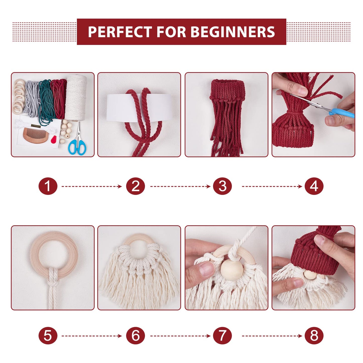 FREEBLOSS 6 Set DIY Macrame Christmas Gnomes Santa Claus Kit DIY Macrame Santa Claus for Christmas Tree Decor Christmas Tree Hanging Gnomes Santa Elf Instructions Included Holiday Decor