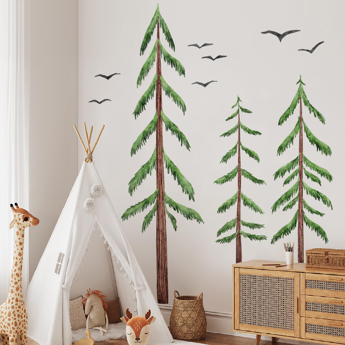LiveGallery Removable Large 3 Pine Brown Tree Wall Decals Green Leaf With Black flying Birds Wall Sticker DIY Peel and Stick Plants Wall art Decor for Kids Girls Boys Teens Nursery Bedroom Living Room