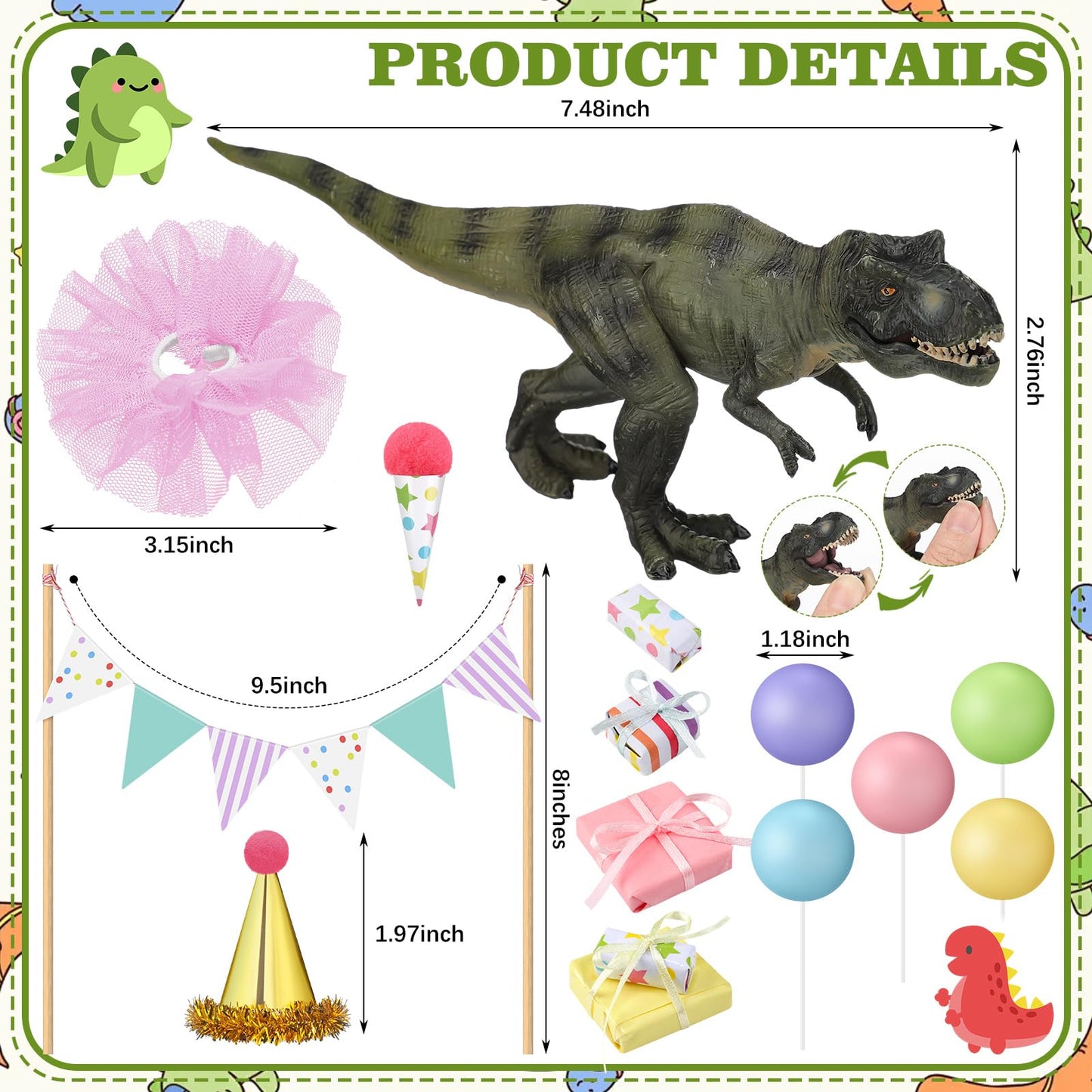Weysat 19 Pcs Dinosaur Cake Toppers Decorations Set Mini Birthday Hat Skirt Triangle Flag Banner Decor Balls andIce Cream Cone Cake Topper for Dinosaur Theme Birthday Gender Reveal Party Decorations