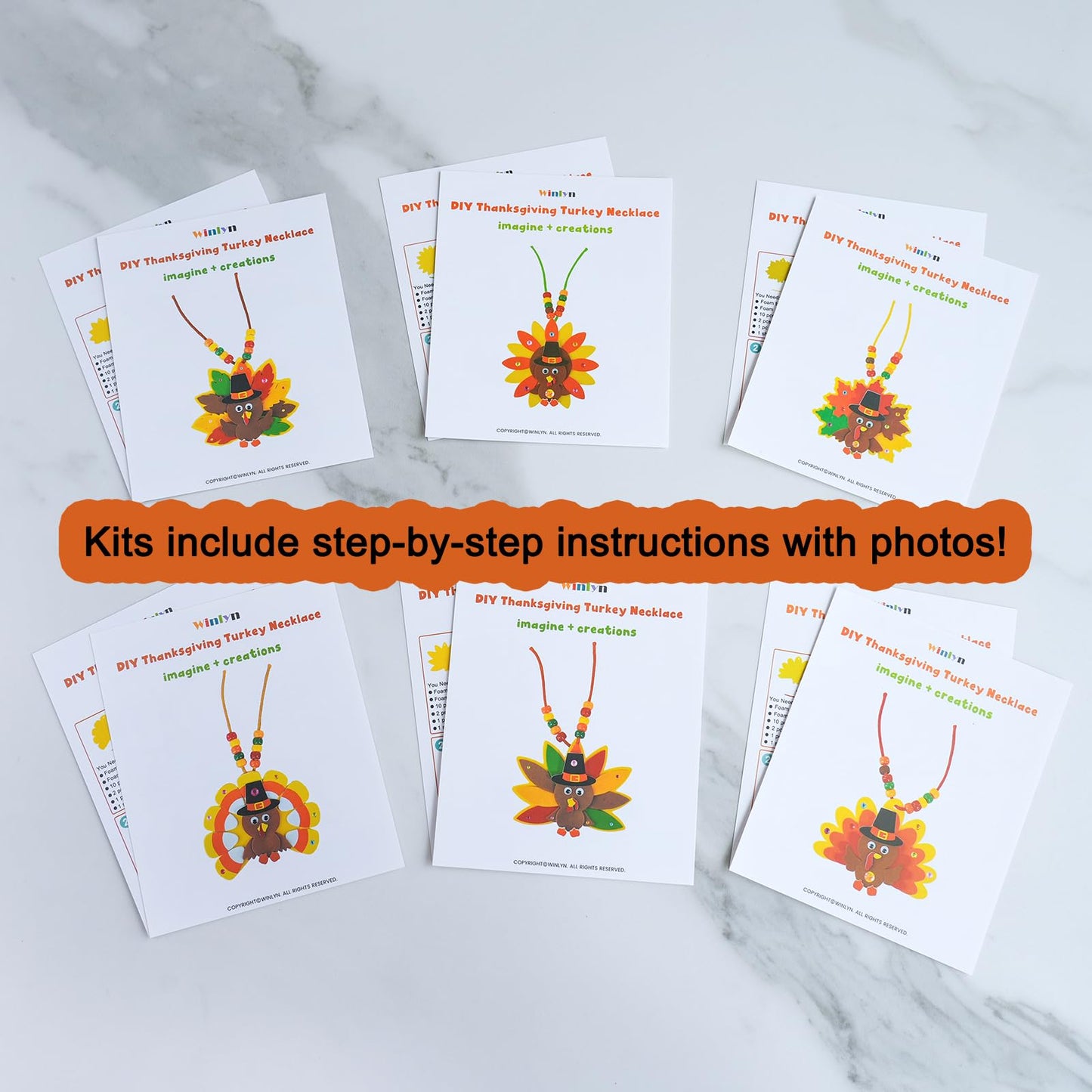 Winlyn 24 Sets Fall Craft Kits DIY Thanksgiving Turkey Necklaces Art Sets Autumn Maple Leaves Turkey Feathers Foam Thanksgiving Stickers for Kids Harvest Home Classroom Activities Party Favors