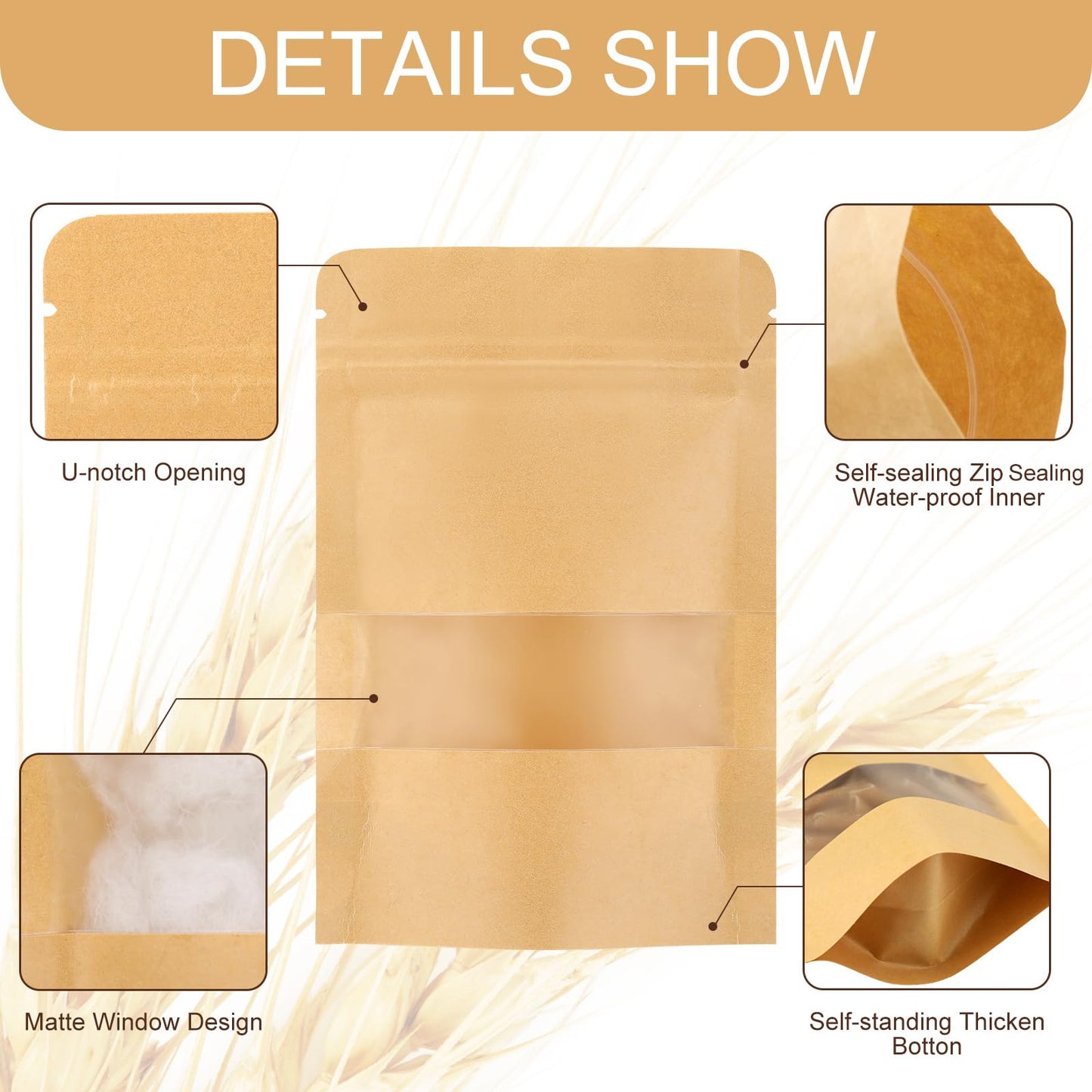 Leelosp 300 Pcs Kraft Bags with Window 4 x 6 Inch Kraft Stand up Reusable Pouches Food Storage Paper Bags Heat Sealable Zipper Sealing Pouches Bulk for Bakery Snack Home or Packaging Business(Brown)
