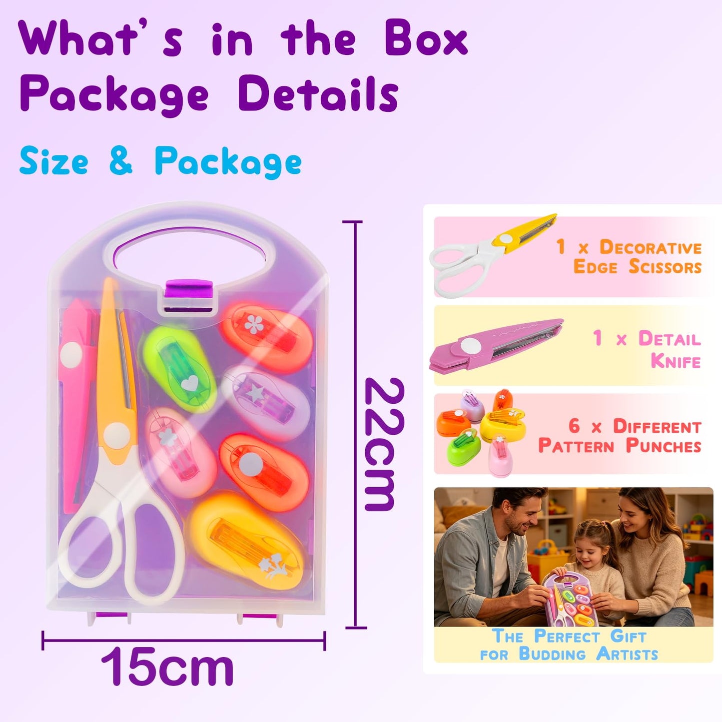 Kids Paper Craft Kit - Decorative Edge Scissors and 6-Piece Paper Hole Punch Set with Portable Storage Case, DIY Scrapbooking Art Supplies for Toddlers & Students, Great Birthday Gift for Girls & Boys
