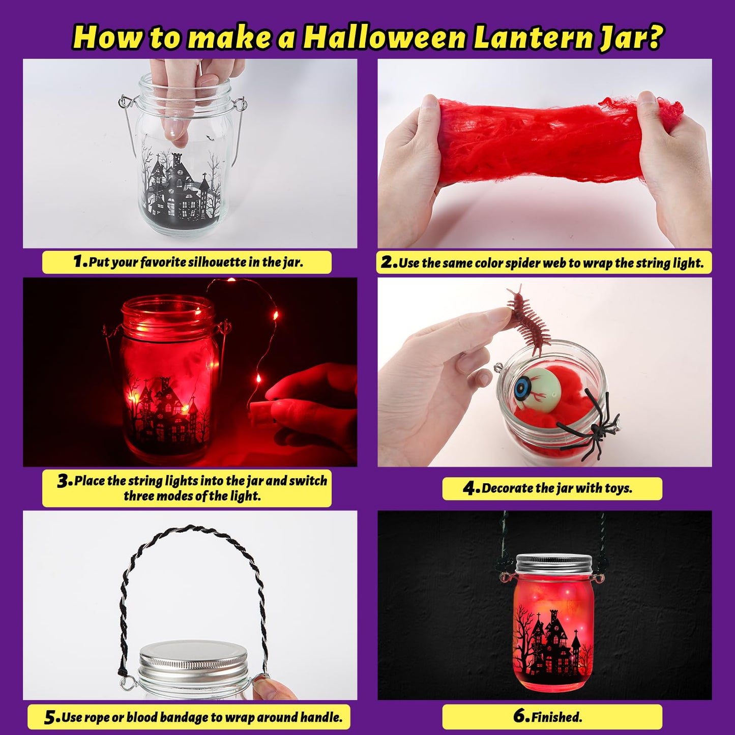 Letapapa Halloween Crafts for Kids, 8 PCS Mason Jar with Accessories for DIY Craft & Art Party Favor Supplies, Halloween Decoration Trick or Treating, Classroom Art Activities