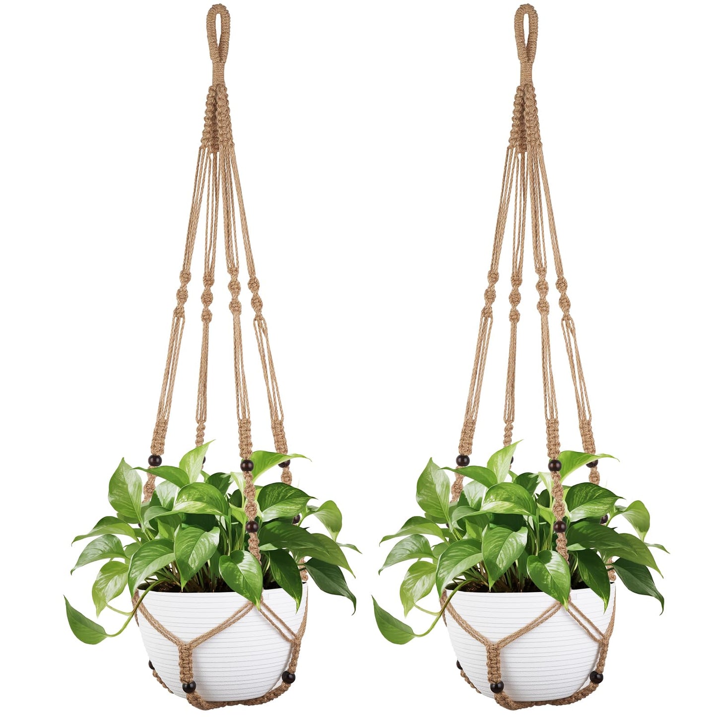 Mkono 43 Inch Macrame Plant Hanger Large for up to 12 Inch Pot Extra Long Hanging Plant Holder No Tassels Hanging Planter Basket with Wood Beads for Indoor Outdoor Home Decor, Brown, Set of 2