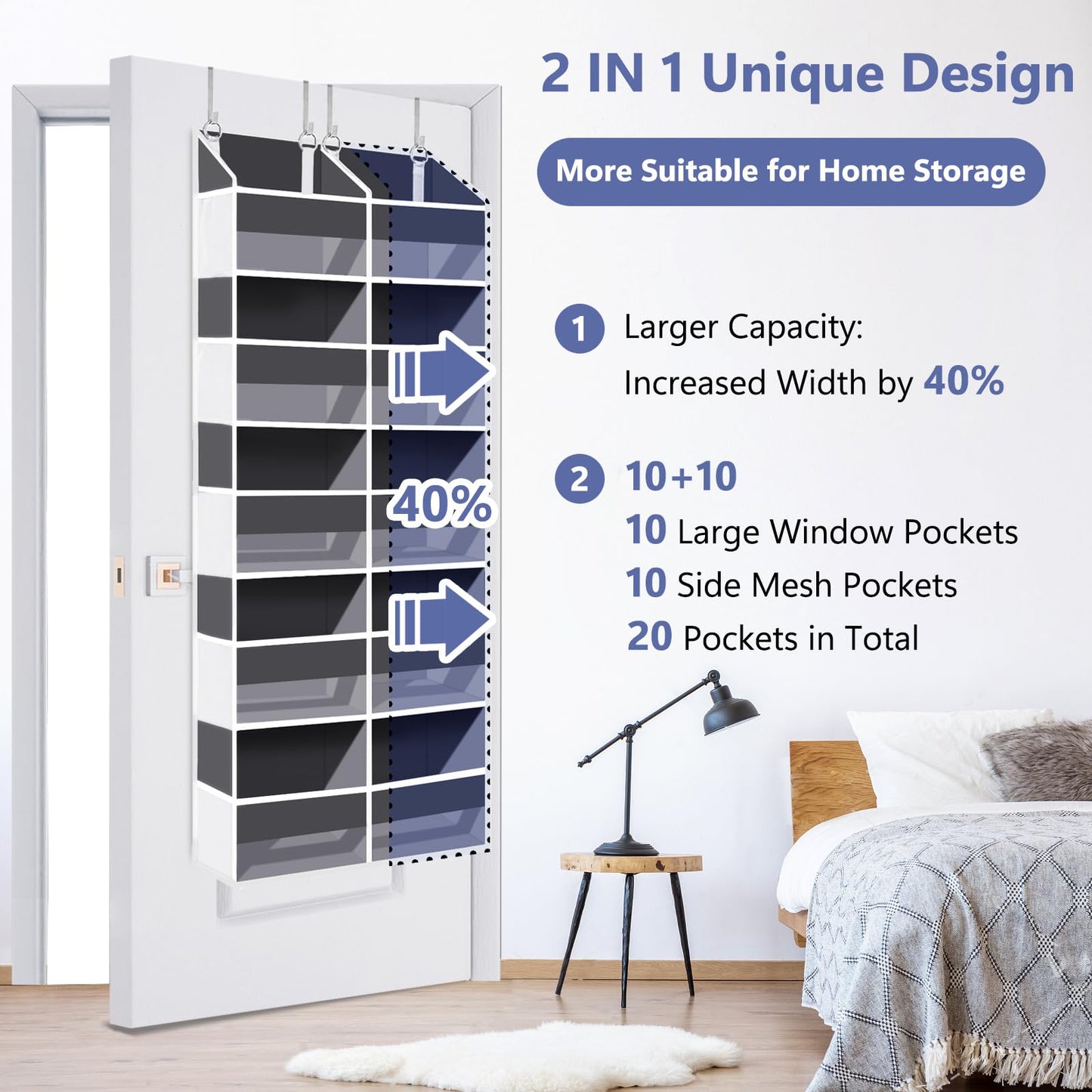 Heavy Duty Over The Door Organizer 5 Tiers, Extra Large Behind Door Storage of 10 Big Front & 10 Mesh Pockets, 80lb Weight Capacity, Hanging Doors Storage Organizer for Closet Bedroom Nursery, Grey