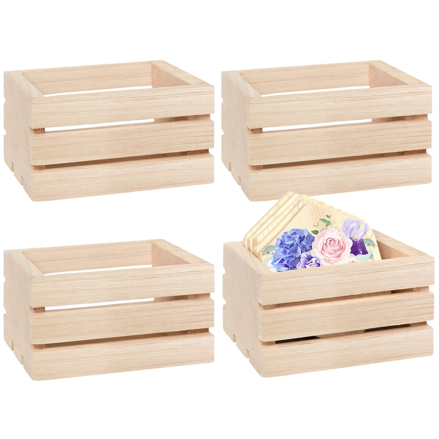 4 Pack Mini Rustic Wooden Crates, Decorative Wood Crates Unfinished Wood Box, Crate Box Wooden Storage Box for Kitchen, Office, Bedroom, Closet, Rustic Country Decor