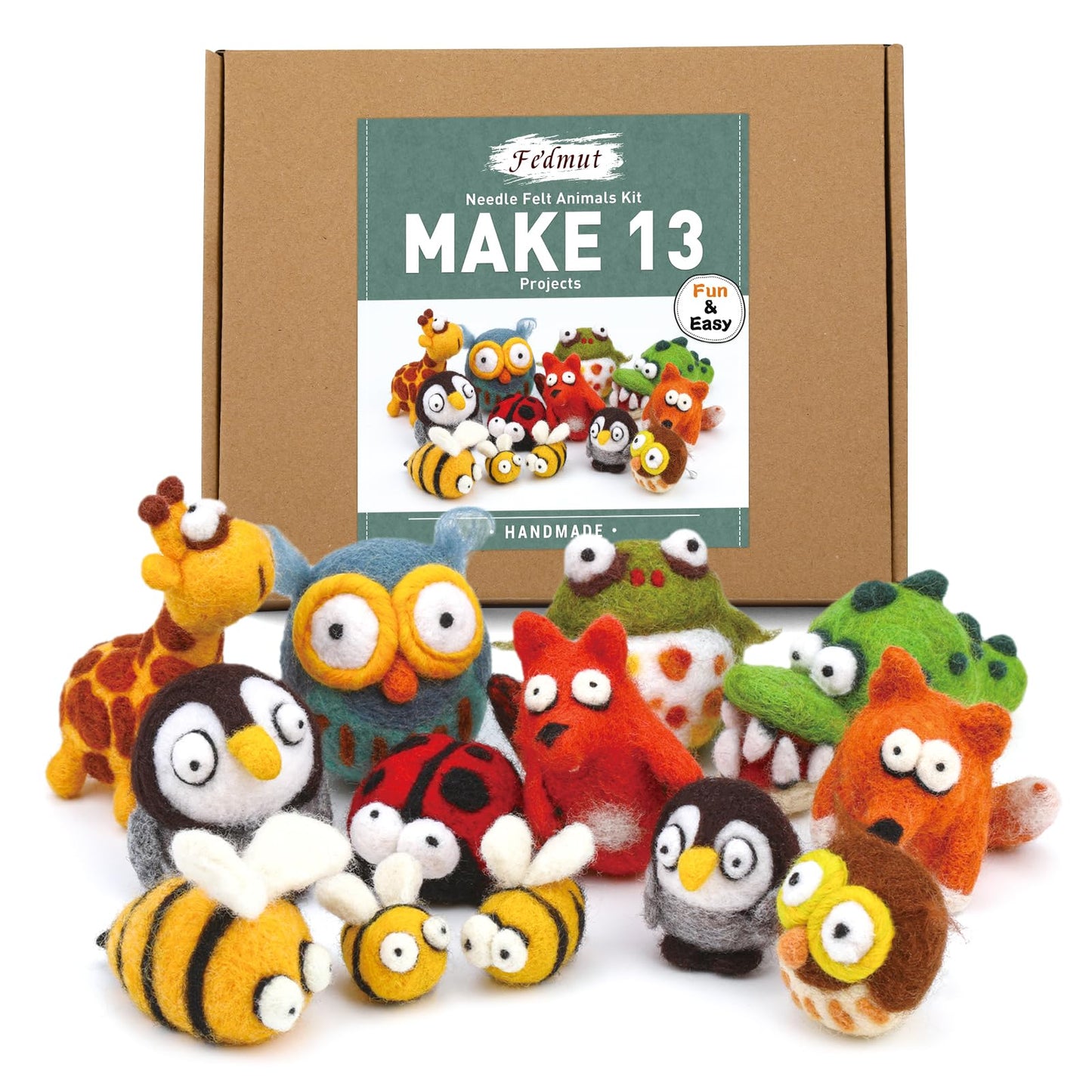 Fedmut Needle Felting Wool Kit, Felting Kit to Make 13 Cute Animals, 26 Colors Vibrant Soft Wool Roving with Felting Tools Supplies, Starter Kits for Beginners & Adults