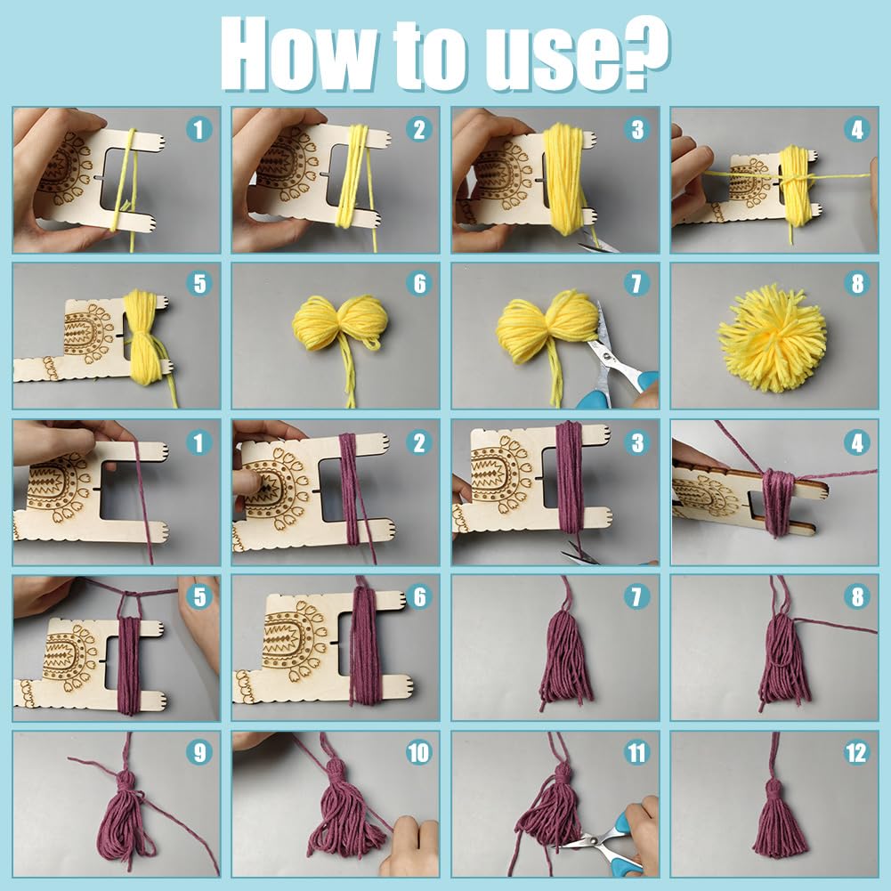 ORIGACH 4 Pcs 3 in 1 Wooden Llama Pom Poms and Tassel Maker -Knitting Tool -Loom Fluff Ball Making Knitting Craft Tool for Tassel Lace Knot Weaving Handicrafts