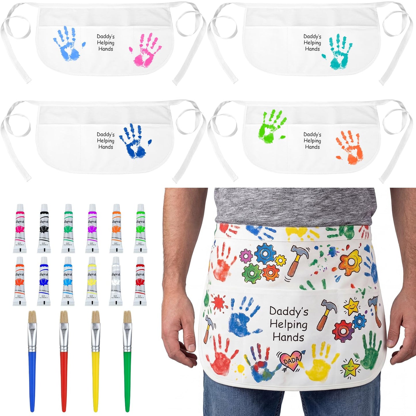Cotwinter 10 Set Father's Day Handprint Kit DIY Waist Half Apron with Acrylic Paints and Brushes Fathers Day Personalized Handprint Gifts Family Sign Keepsake for Grandpa Daddy Papa Birthday Gifts