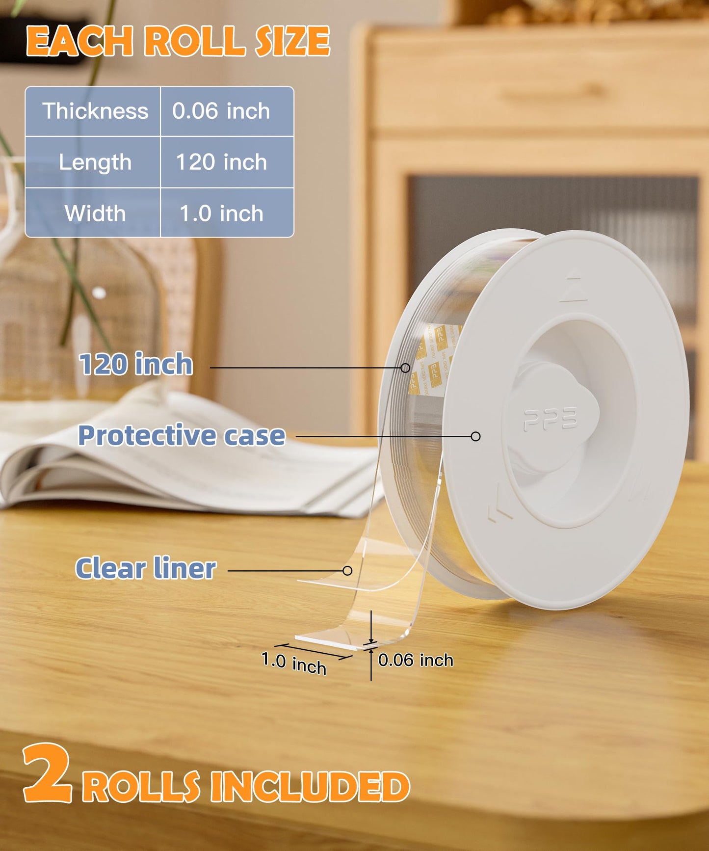 PPB 2 Rolls Double Sided Tape Heavy Duty - Removable Mounting Tape for Poster Carpet Picture Hanging Strip Rug Wall Outdoor - Clear & Strong Nano Tape Adhesive Multipurpose