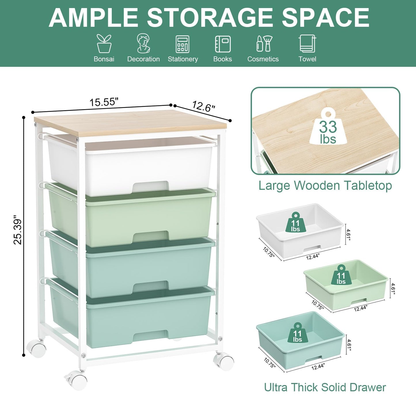 SYKIARIOL Utility Cart with 4 Drawers,Rolling Storage Cart with Drawers,Storage Rolling Drawer Cart with Wooden Tabletop for Bedroom,Kid's Room,Dorm,Classroom,Office,Green