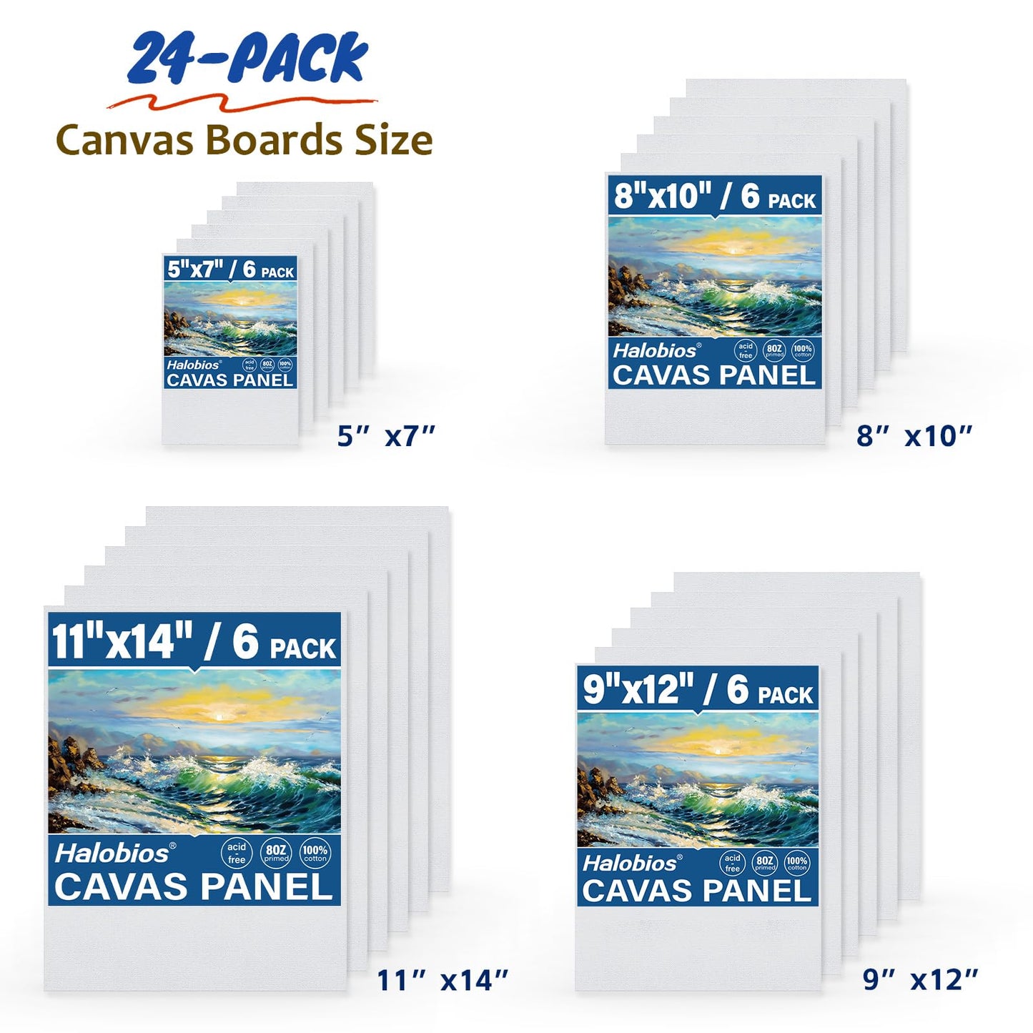 Halobios 24-Pack Canvas Boards for Painting, 6 of 5x7 8x10 9x12 11x14 Canvas Panels for Kid & Adults 100% Cotton Gesso Primed Art Painting Supplies for Acrylic, Oil, Tempera & Watercolor
