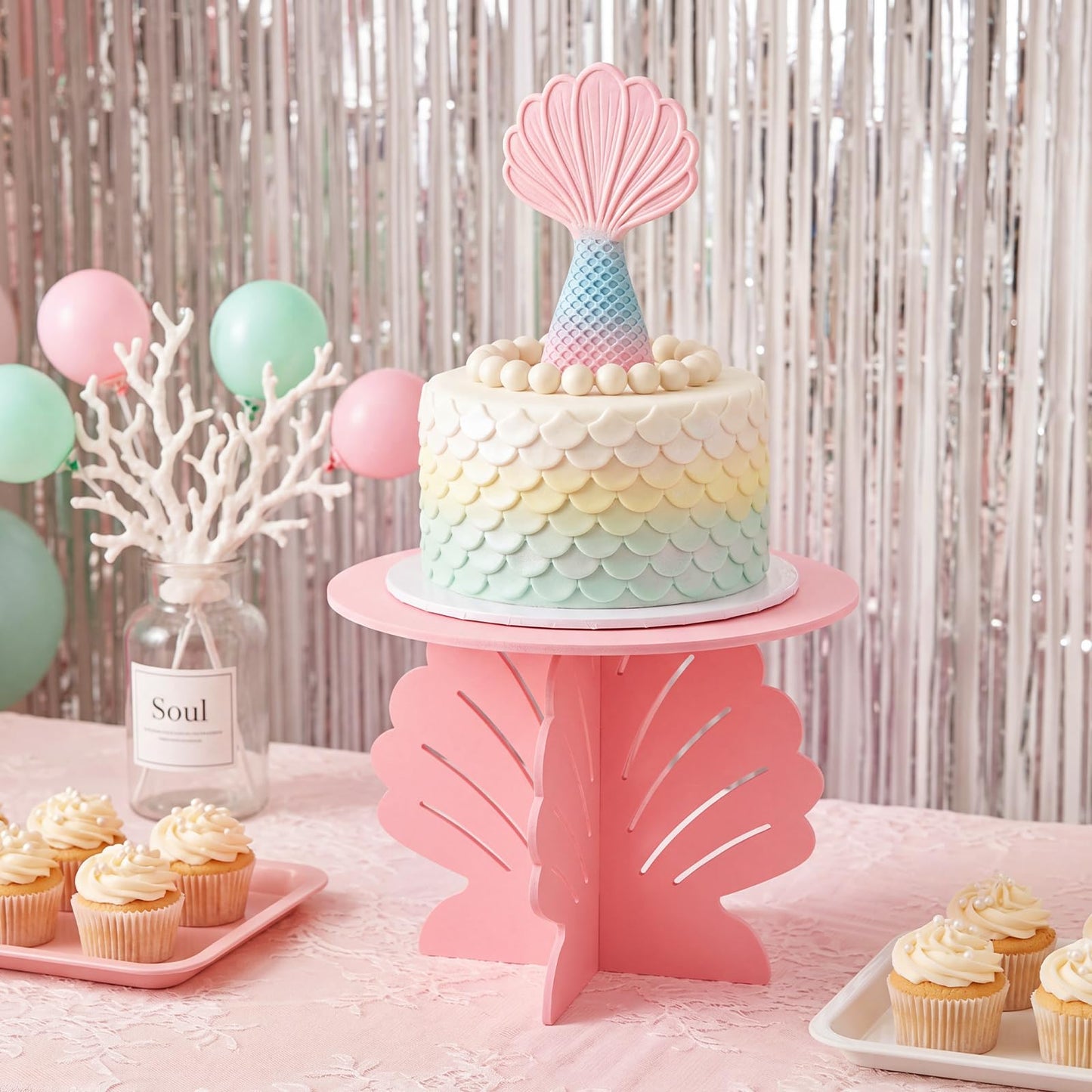 Lallisa 12" Shell Shaped Cake Stand Pink 3D Ocean-themed Party Decorations with Scalloped Base PVC Dessert Holder Centerpieces for Wedding, Birthday, Baby Shower & Tea Party Ocean-themed Supplies