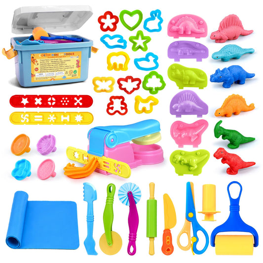 Playdough Tools Sets for Kids, 35Pcs Clay and Dough Tools Accessories Set with Silicone Mat & Storage Box, 3D Dino Molds, Animal Cutters, Dough Extruder, Rolling Pins for Educational Play Activities