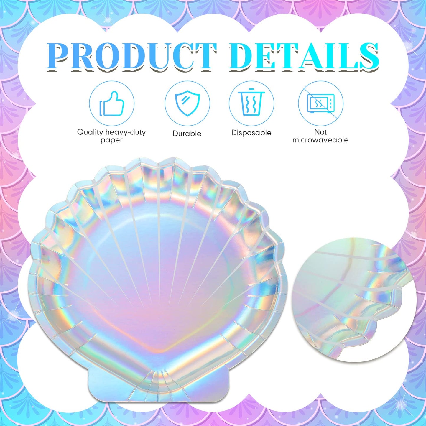 Zopeal 96 Pcs Mermaid Paper Plates Seashell Plates Party Supplies 9 Inch Disposable Iridescent Holographic for Girl Kids Birthday Party Decorations