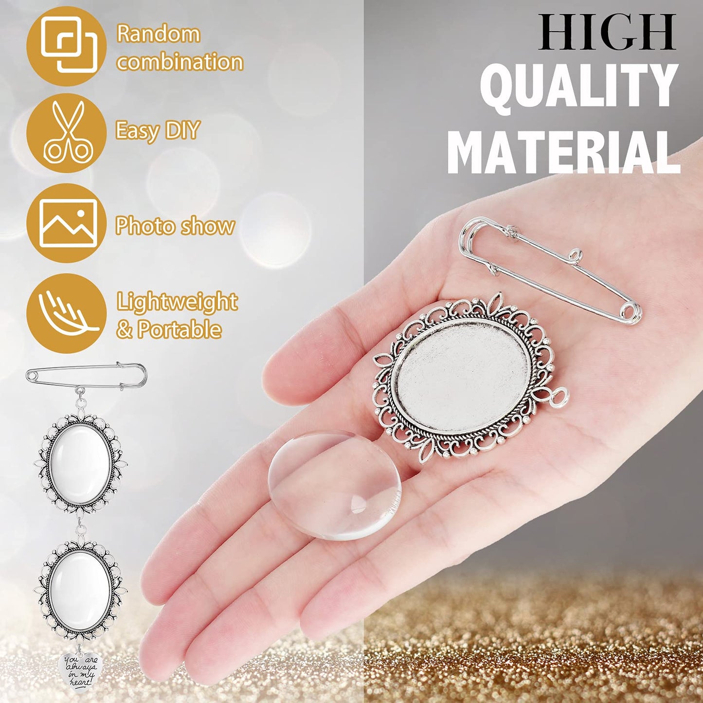 Hicarer 110 Pcs Wedding Bouquet Photo Charms Memory Bridal Charms Frame Picture DIY Pin Brooch Making Kit, 1.18 x 1.57'' Oval Glass Cabochon Pendants Bulk Memorial Mother Father of The Bride