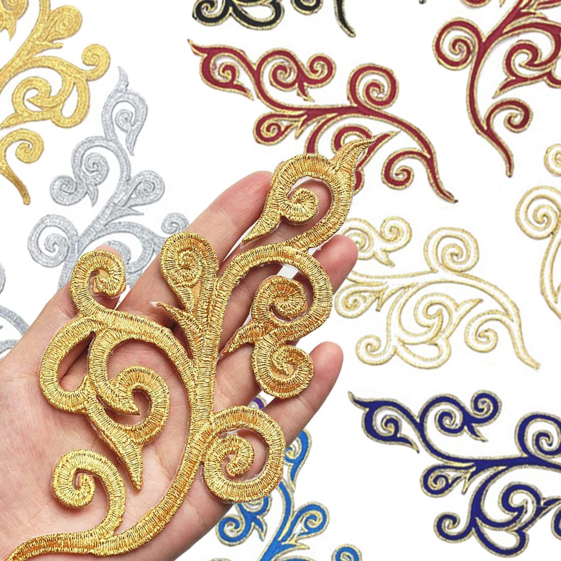 5 Pairs Embroidered Fancy Baroque Applique Swirl Iron on Patches Scroll Badge with Gold Trimming for Wedding Gown Dress Shoe Shirt Borders (Gold)