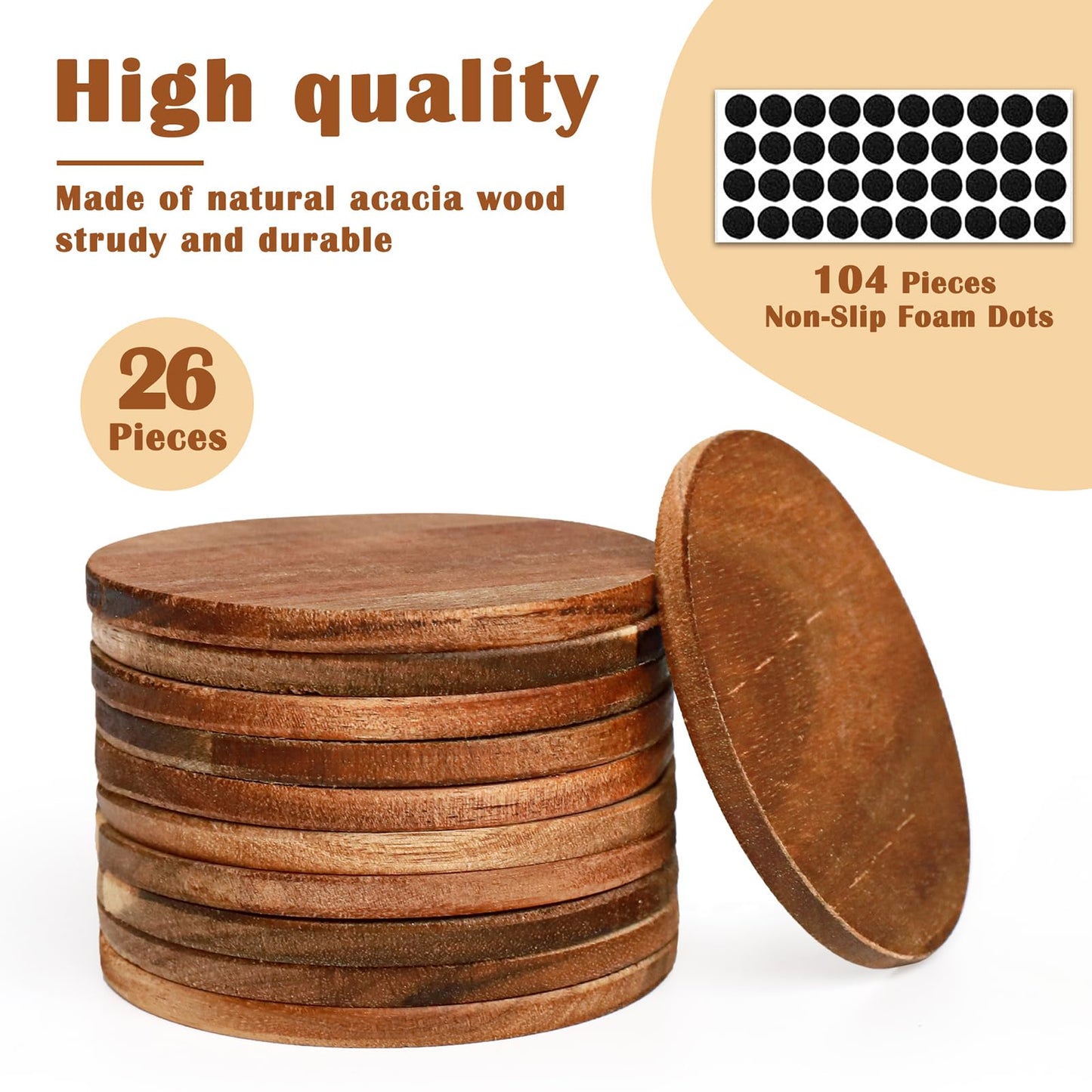 26 Pieces Unfinished Wood Coasters, 4 Inch Round Acacia Wooden Coasters for Crafts with Non-Slip Silicon Dots for DIY Stained Painting Wood Engraving Home Decoration