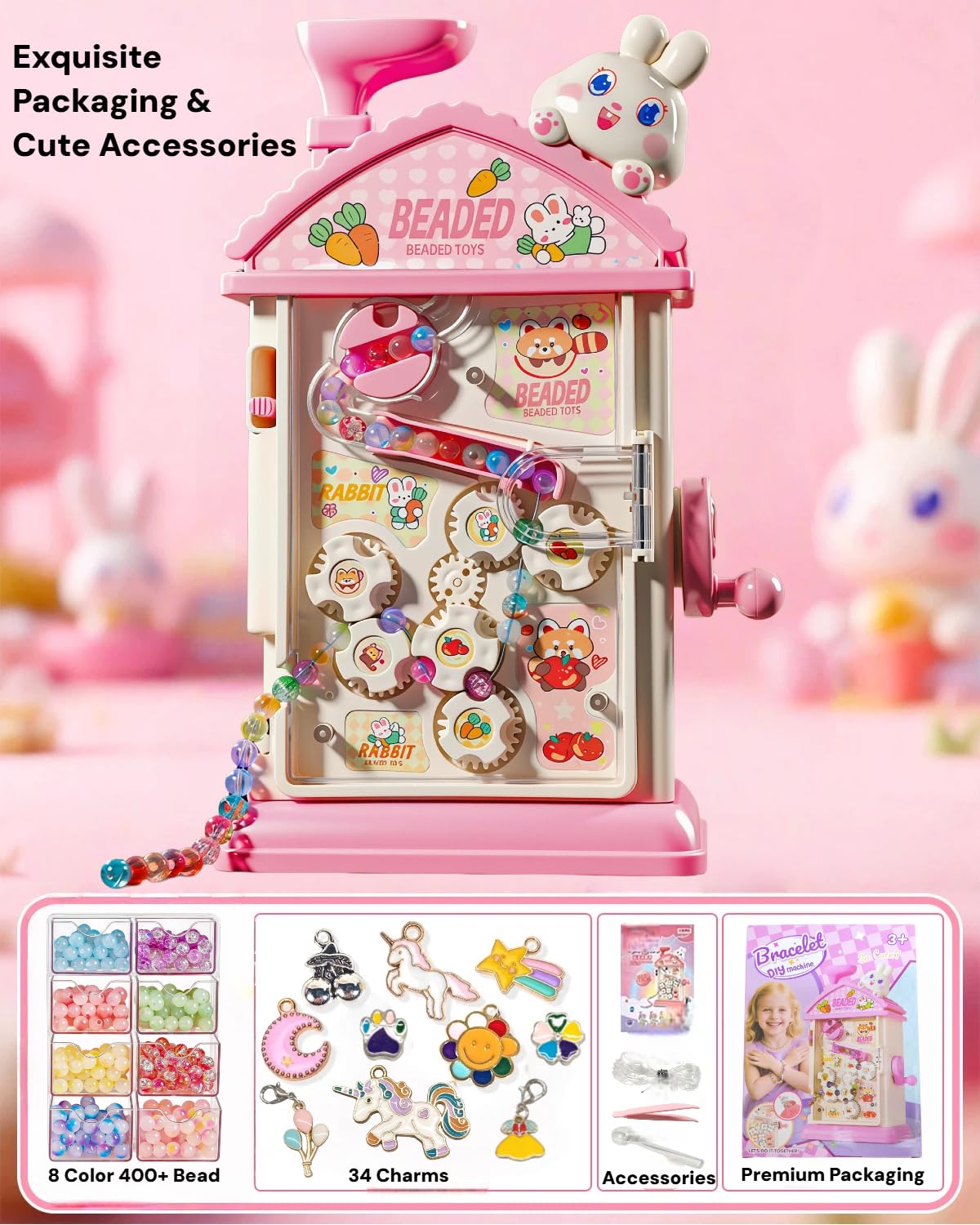 MAGTHIC 2-in-1 Beads Bracelet Maker Machine & Hand-Crank Bunny Toys, Charm Jewelry Bracelet Making Kit 430+ Quick Easy 5min with Organize, DIY Friendship Bracelets for Girls 6-12 Birthday Xmas Gift