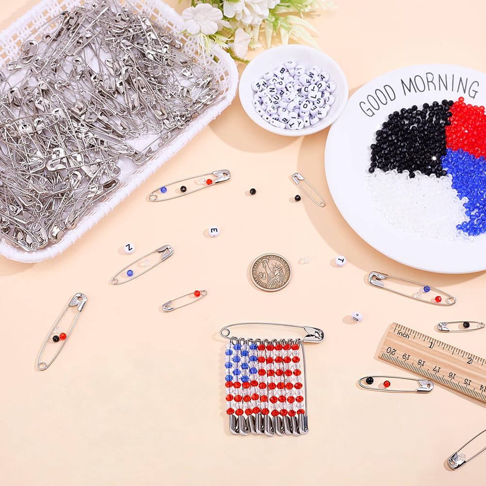 PH PandaHall 994pcs DIY Beaded Safety Pin Kit, 5 Colors Independence Day Patriotic Glass Beads 4mm Faceted Crystal Beads Letter Beads with 290pcs Safety Pin Brooches for Pants Jackets Hats DIY Crafts
