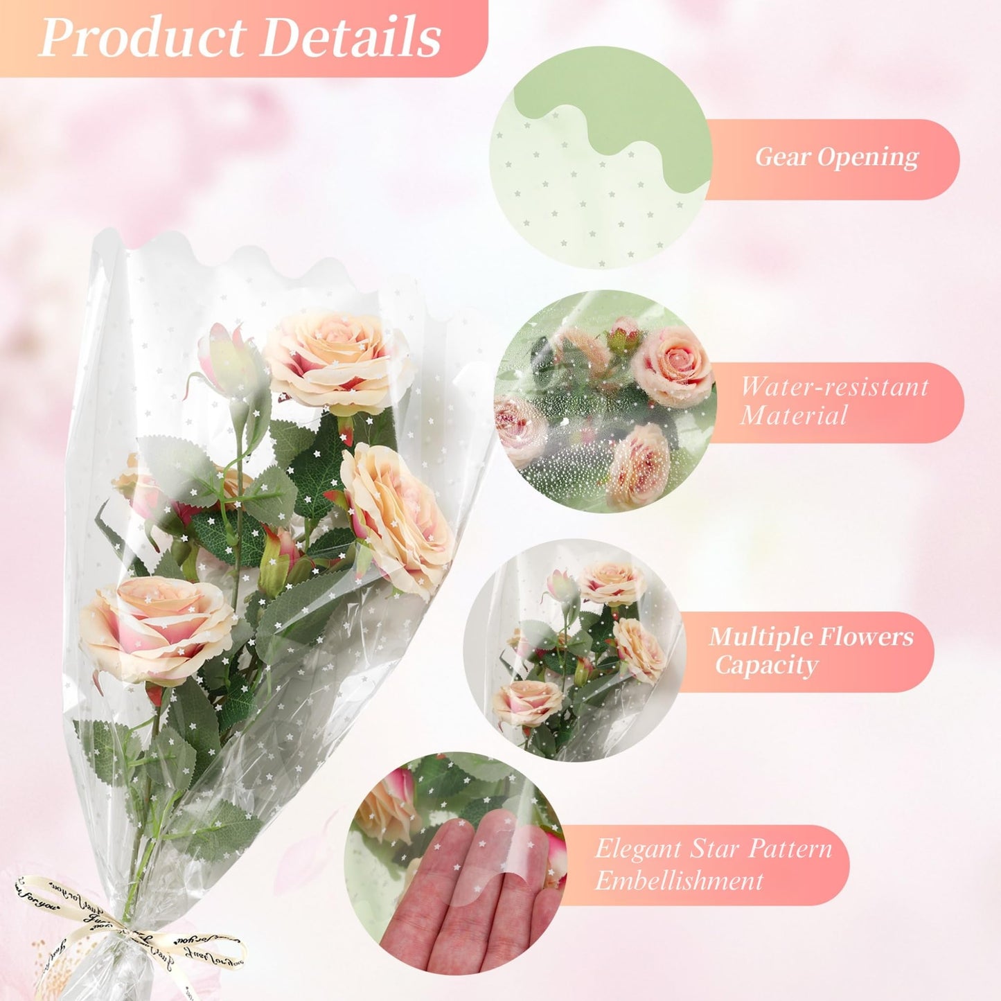 CHAQiWi Clear Cellophane Flower Bags with Star Pattern, 100 Count Bouquet Wrapping Sleeves with Ribbon, 11x3x16 Inch, for Flower Bar Supplies Wedding Birthday Mother's Day