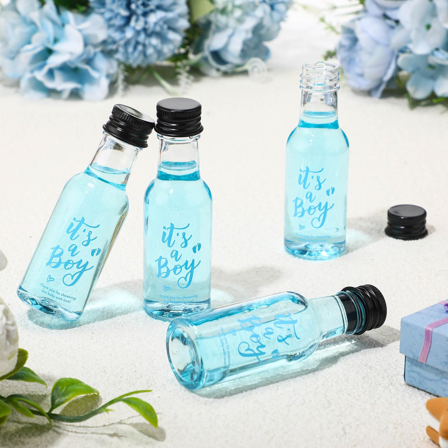 Boao 50 Pcs Baby Shower Favors for Guests Include 50 It's a Boy 1.7oz Mini Empty Plastic Alcohol Shot Bottles with 1 Funnel Baby Shower Return Gift for Guests Gender Reveal Gifts Ideas