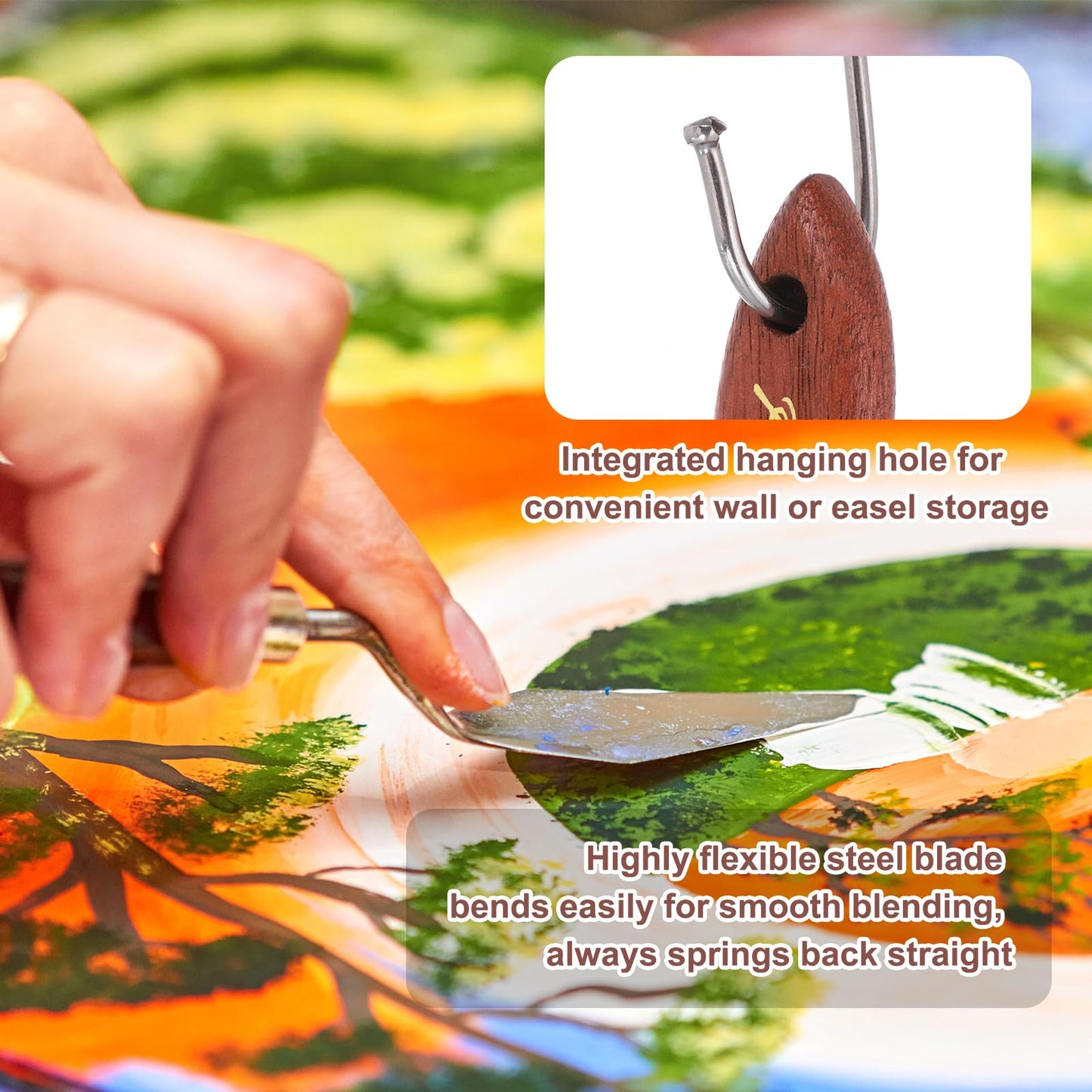 MECCANIXITY 3Pcs Palette Knife Type A, 17.5/18.5/19.2cm Long Palette Knives with Stainless Steel Flexible Spatula Pallet Knife and Wood Handle for Scraping, Mixing, Oil Acrylic Painting Canvas