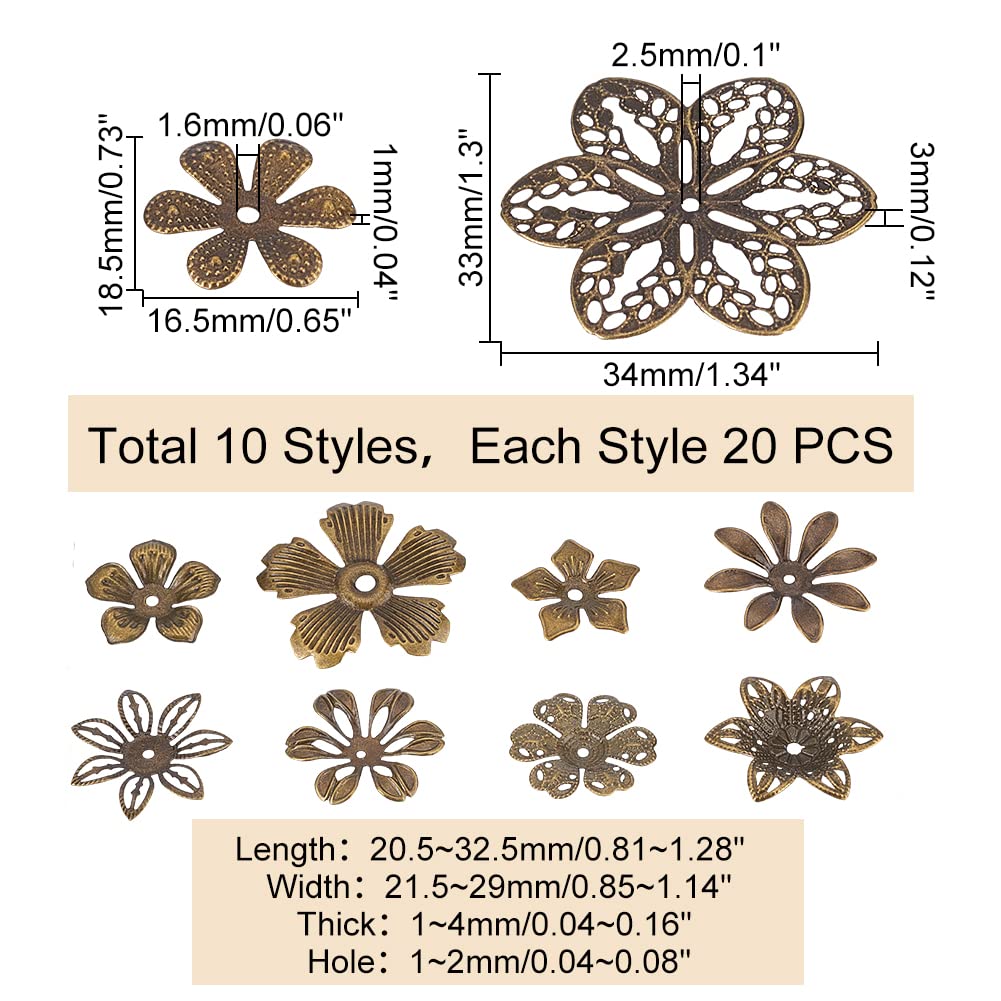 PandaHall 200pcs Flower Spacer Beads, 10 Styles Iron Flower Bead Cap Filigree Tibetan End Caps for DIY Earrings Bracekets Necklace Jewelry Craft Making Supplies, Antique Bronze
