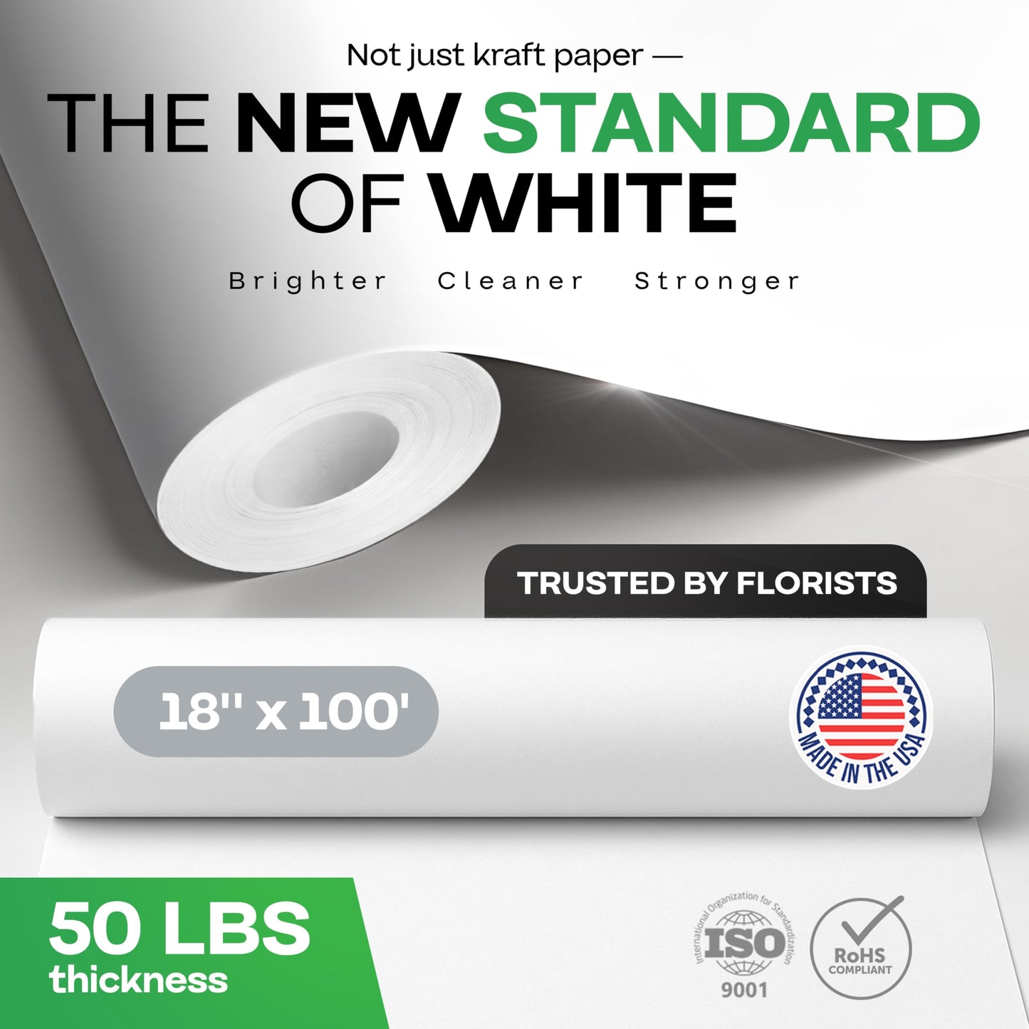 White Flower Wrapping Paper, 18"x1200" (100 feet) - USA-Made Premium 50lb Thick Bouquet Wrapping Paper - Elegant Flower Wrap Roll for Weddings, Ceremonies & Special Events by IDL Packaging