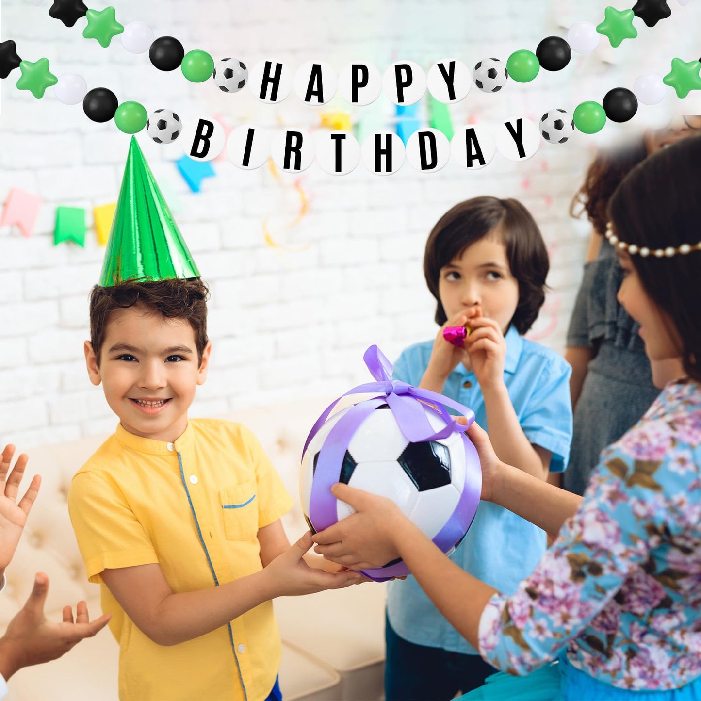 Simgoing 98 Pcs Soccer Birthday Banner Decor Jumbo DIY Friendship Bracelet Birthday Banner Kit Customizable Party Giant Garland Decoration for Soccer Sports Theme Party Decorations