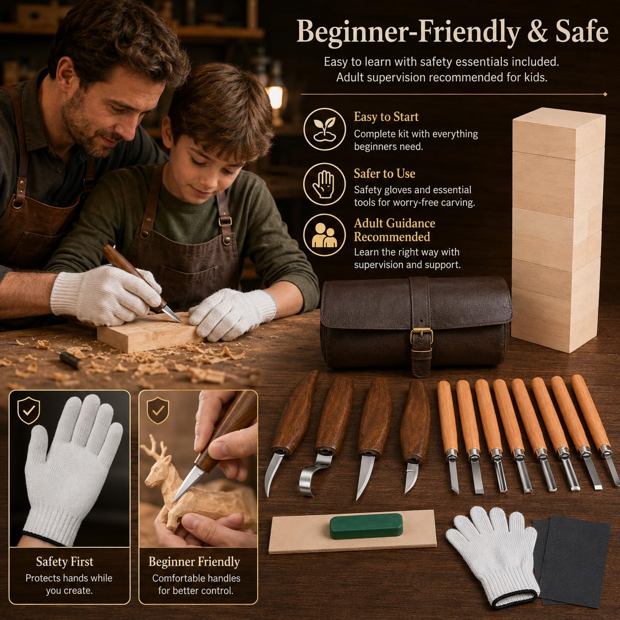 26Pcs Deluxe Wood Carving Kit, Whittling Knife Set with Leather Storage Case, Basswood Blocks & Safety Gloves, Woodworking Tools for Beginners Adults Kids, DIY Craft Gift for Men Teens