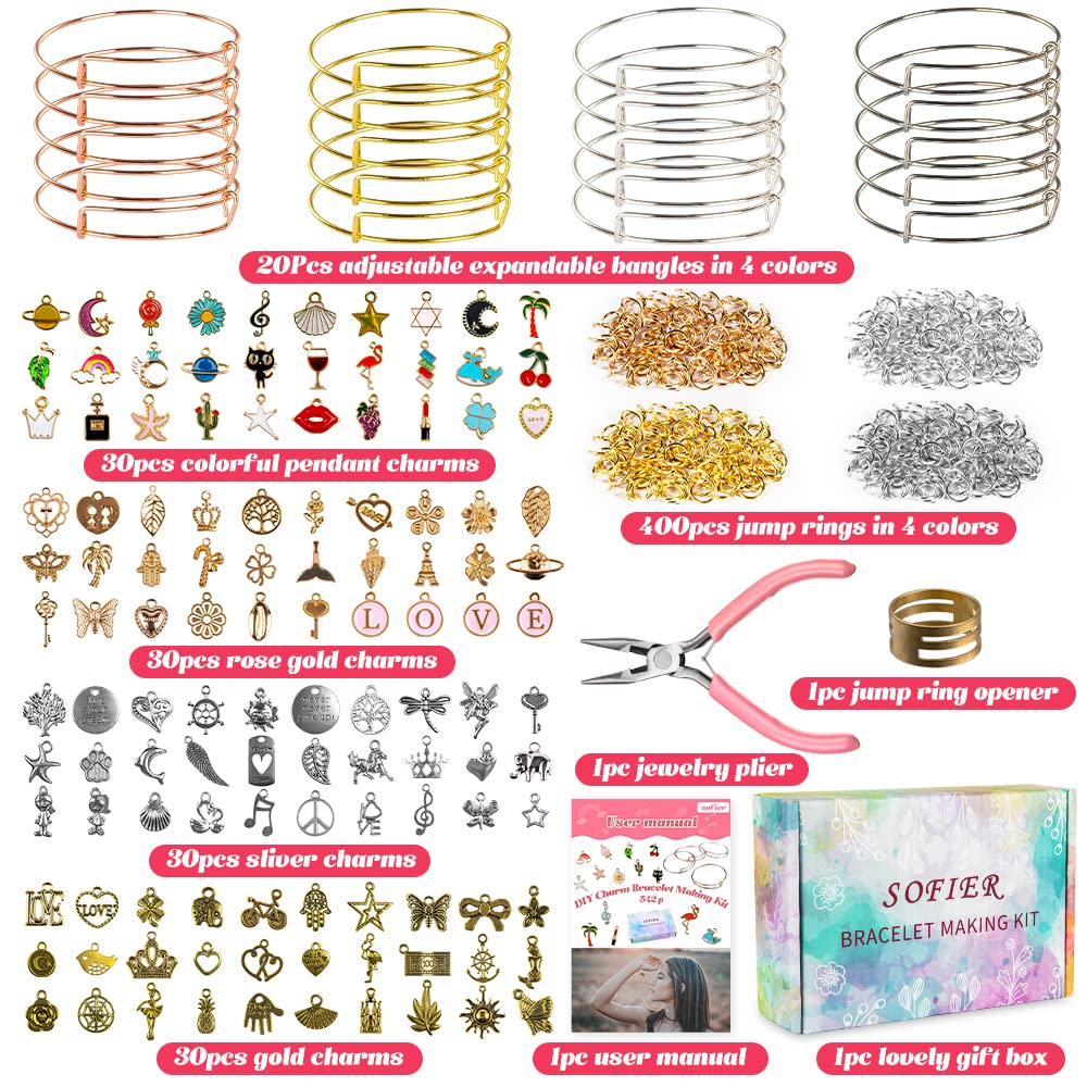 Sofier 542pcs Bangle Bracelet Making Kit DIY Jewelry Making Kit and Supplies Expandable Charm Bracelets Pendants Plier Set Toy Art Craft Gift for Girl Teen Women Adult