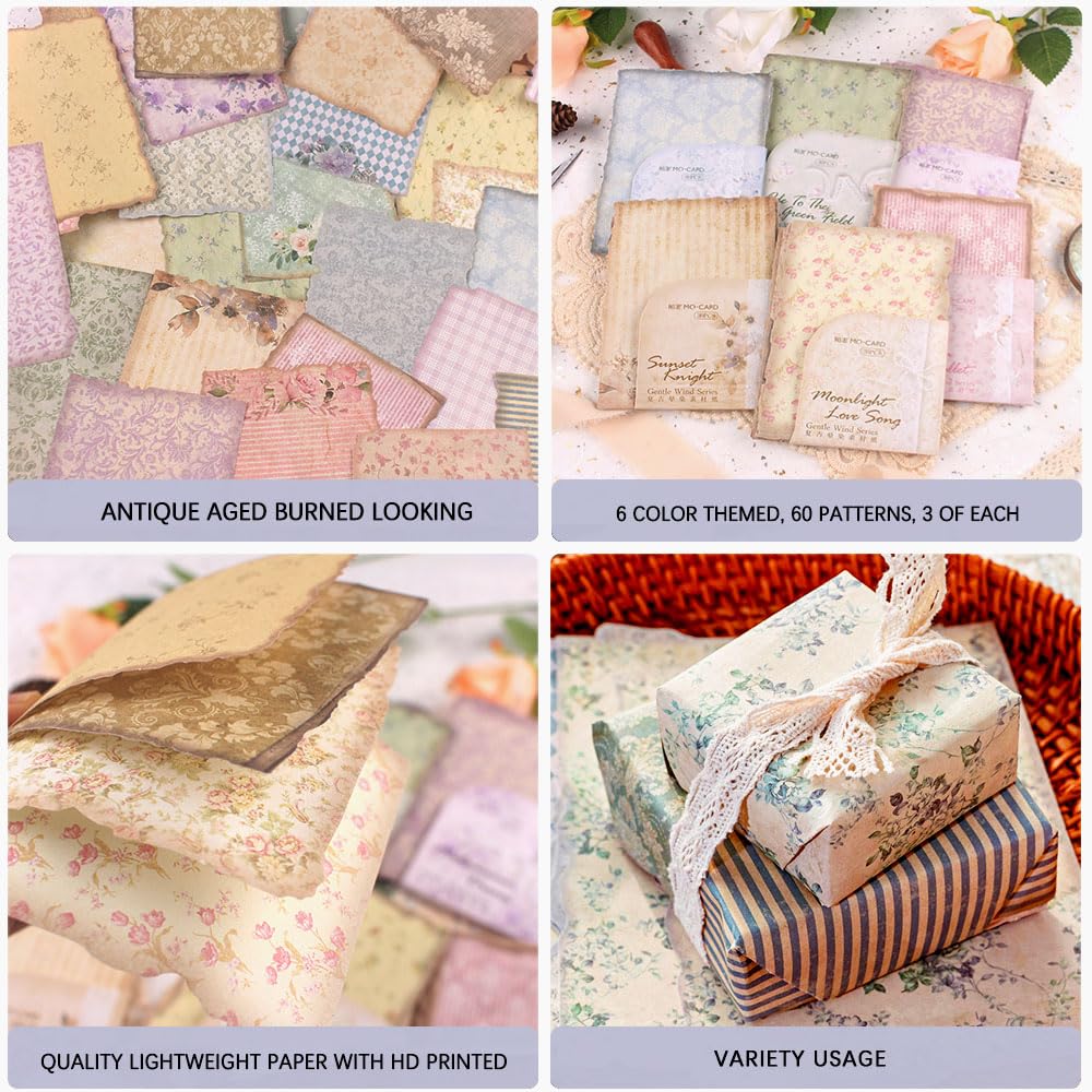 Diuhofart 180 Sheets Vintage Scrapbook Paper, Journaling Scrapbooking Supplies, Antique Aged Looking Background Paper for Junk Journals Card Making Mixed Media Decoupage Craft Arts Deco