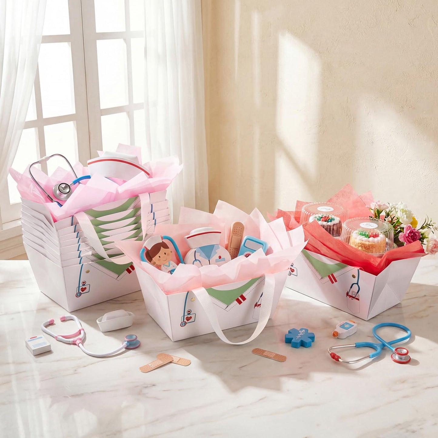Supervitae 60 Pcs Nurse Graduation Gift Baskets Bulk with Handles, Empty DIY Paper Gift Basket Kit with Tissue Paper, Appreciation Gifts Baskets Treat Bag for Nursing, Nurse Week Party Supplies(White)