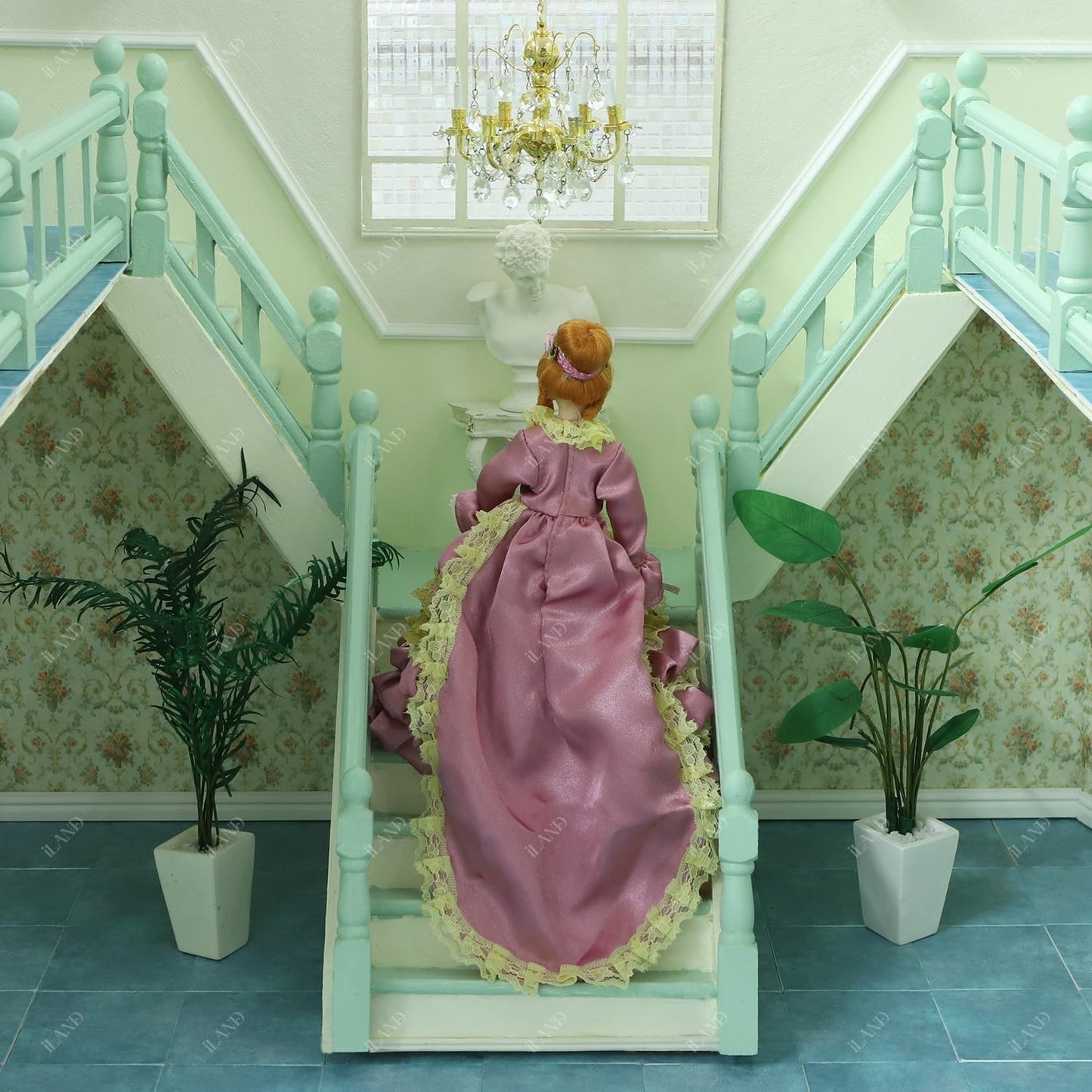iLAND 1/12 Scale Accessories of Miniature Wooden Dollhouse Staircase with Adjustable Handrails and DIY Railing Complete 2 Stairs Sets for Modern or Victorian Dollhouse Building