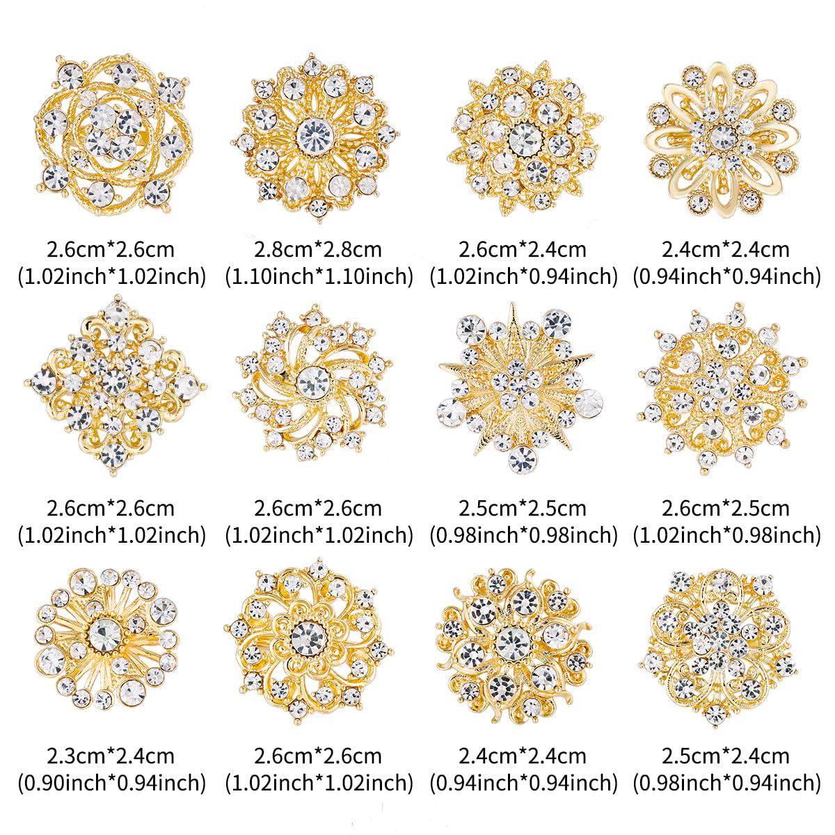 MEEDOZ Lot 24Pcs Assorted Crystal Rhinestone Flower Brooch Pins Set for Crafts Embellishment, Wedding Bouquet Brooches for Women Fashion (Gold Plated)
