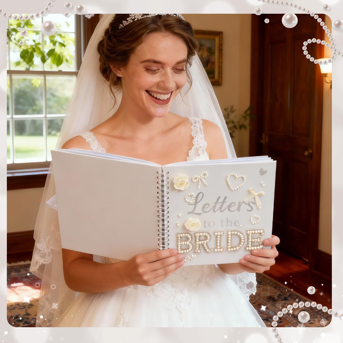 WATINC Letters to The Bride Scrapbook Kit - 8x8 Inch DIY Wedding Photo Album Guest Book for Bridal Shower Bachelorette Party, Beige Memory Book with 3D Flower Bow Envelopes Pearl Letters Stickers