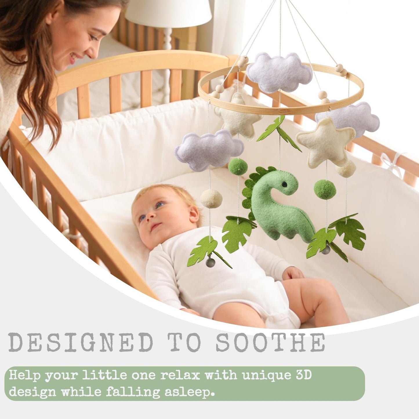 Moyii Baby Crib Mobile for Nursery - Handmade Felt Dinosaur Hanging Mobile - Green Dino Ceiling Decor for Boys Girls - Neutral Boho Jungle - Newborn Baby Shower Gift