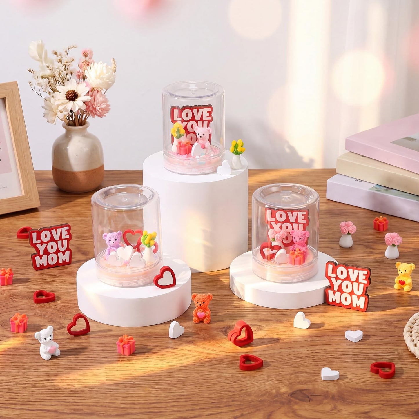 Sotiff 12 Sets Mother's Day Craft Bulk DIY Snow Globe Gift with Mini Resin Heart Bear Vase with Flower Figurines Gift Box 3D Love Heart Love You Mom Wooden Sign for Mom Birthday Classroom Activity