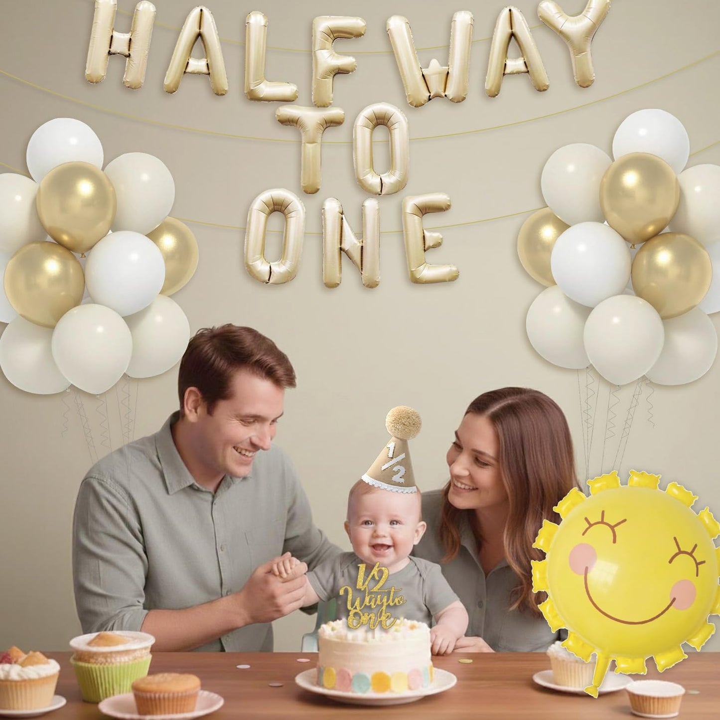 Half Birthday Decorations for Baby Girl - Khaki 1/2 Birthday Hat, Half Way to One Balloon Banner, Gold and White Balloons, 1/2 Cake Topper, Sun Balloons, 6 Months Party Supplies
